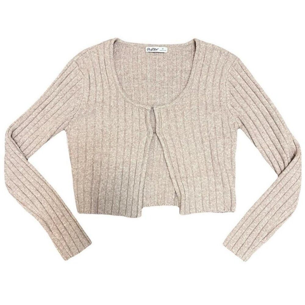 NWT ASTER 90s Retro Cropped Stretch Cardigan Scoop Neck Rib Knit Cardi Neutral